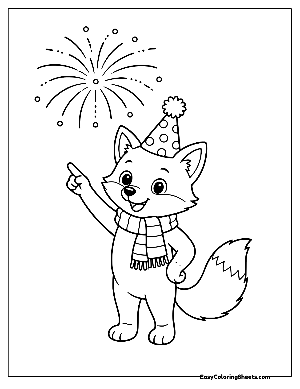 Smiling fox in a scarf and party hat pointing at a firework