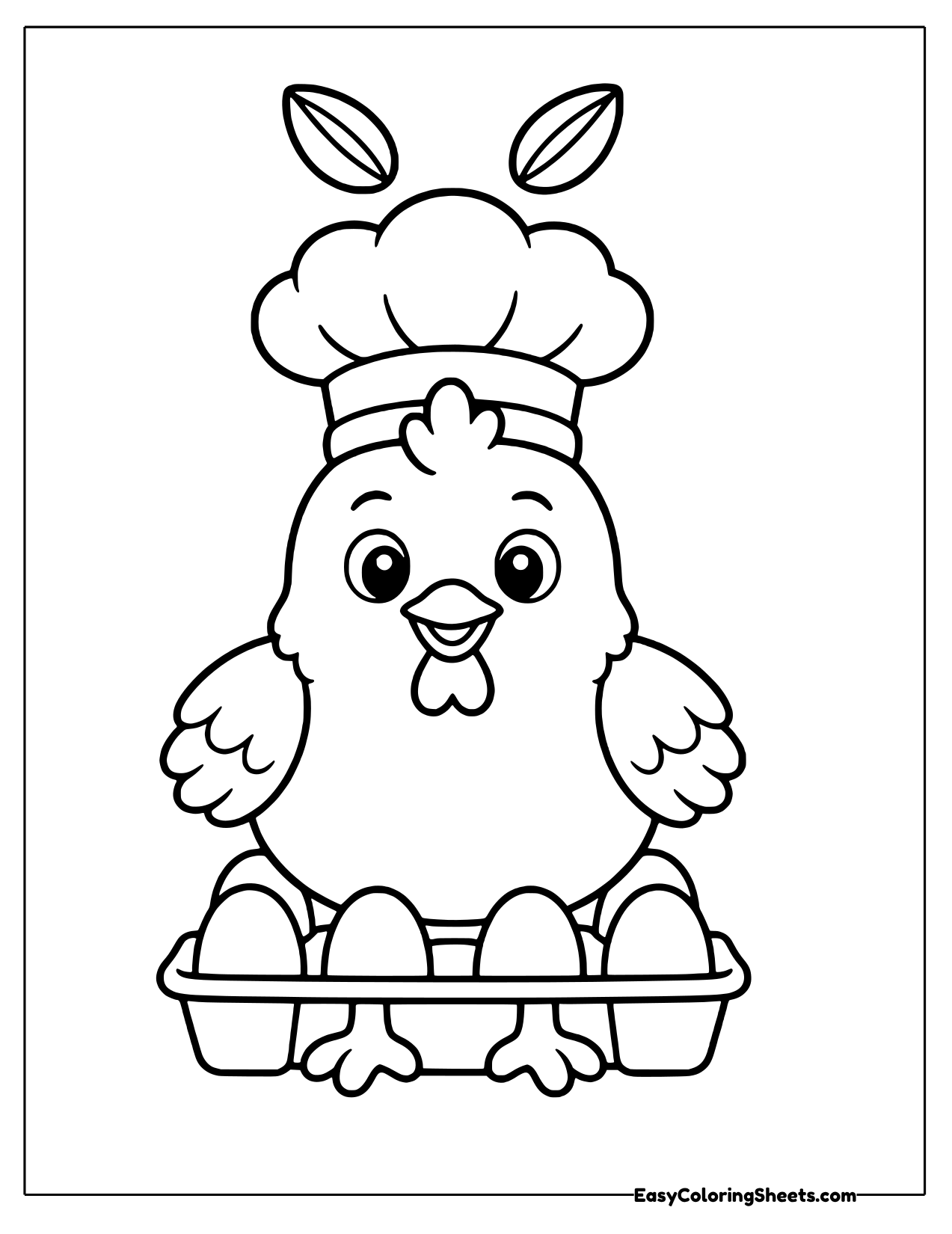 Chicken in a chef hat with a tray of eggs