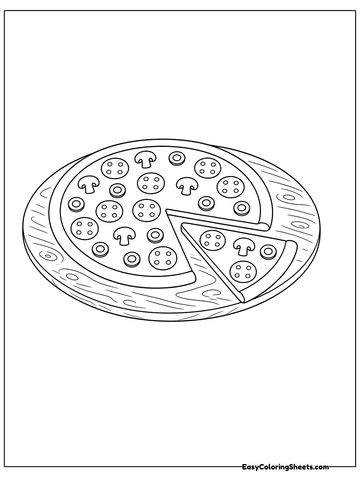 A round pizza topped with pepperoni, mushrooms and olives sits on a board, with one triangle slice slightly separated.