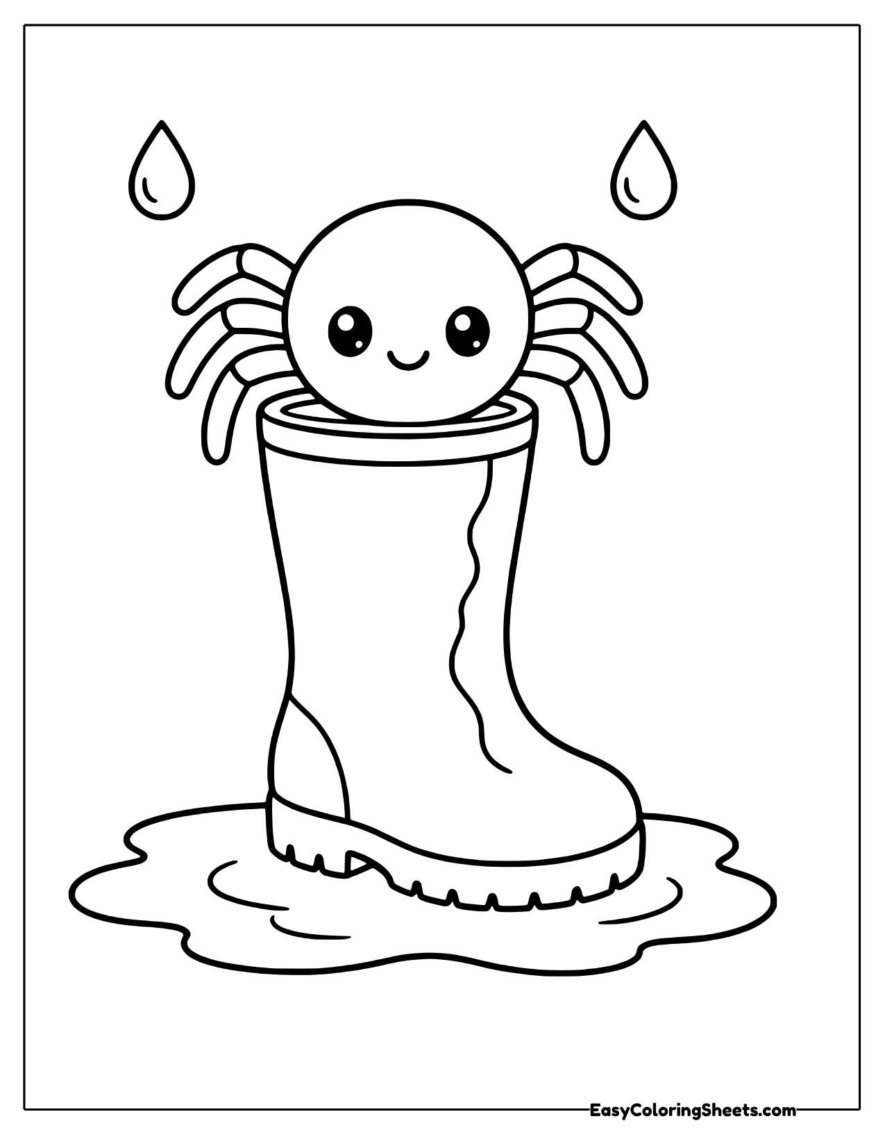 Spider peeking out of a rain boot by a puddle