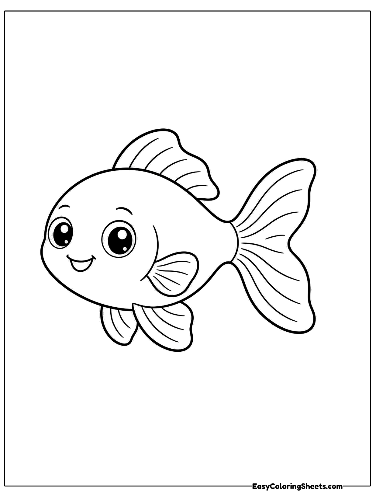 A calm goldfish floats with a gentle smile, its round body leading to a wide flowing tail.