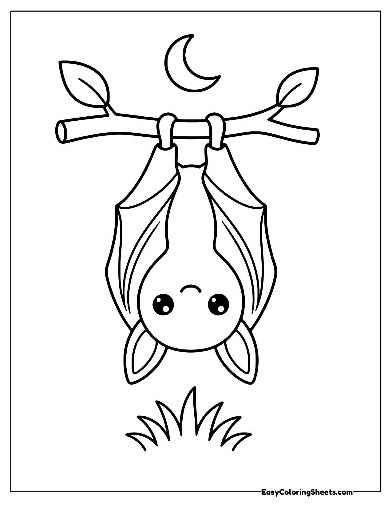 Round bat hanging upside down from a leafy branch under a crescent moon