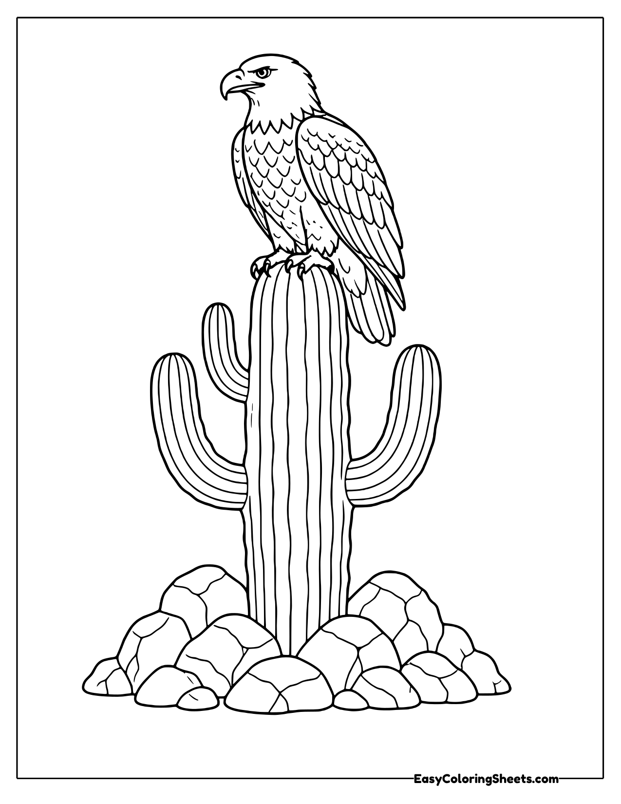 Bald eagle perched on top of a tall saguaro cactus above desert rocks coloring page