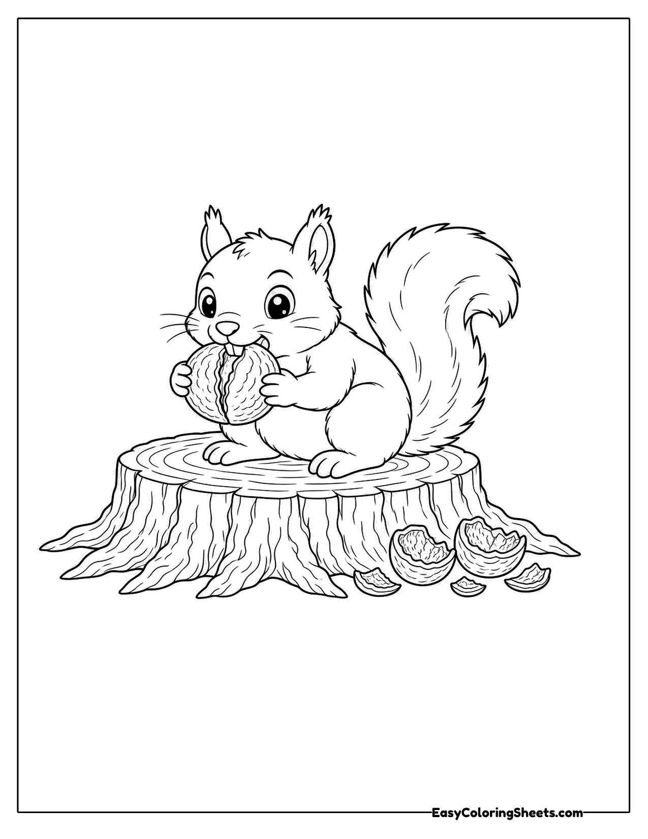 Squirrel sitting on a stump cracking a walnut