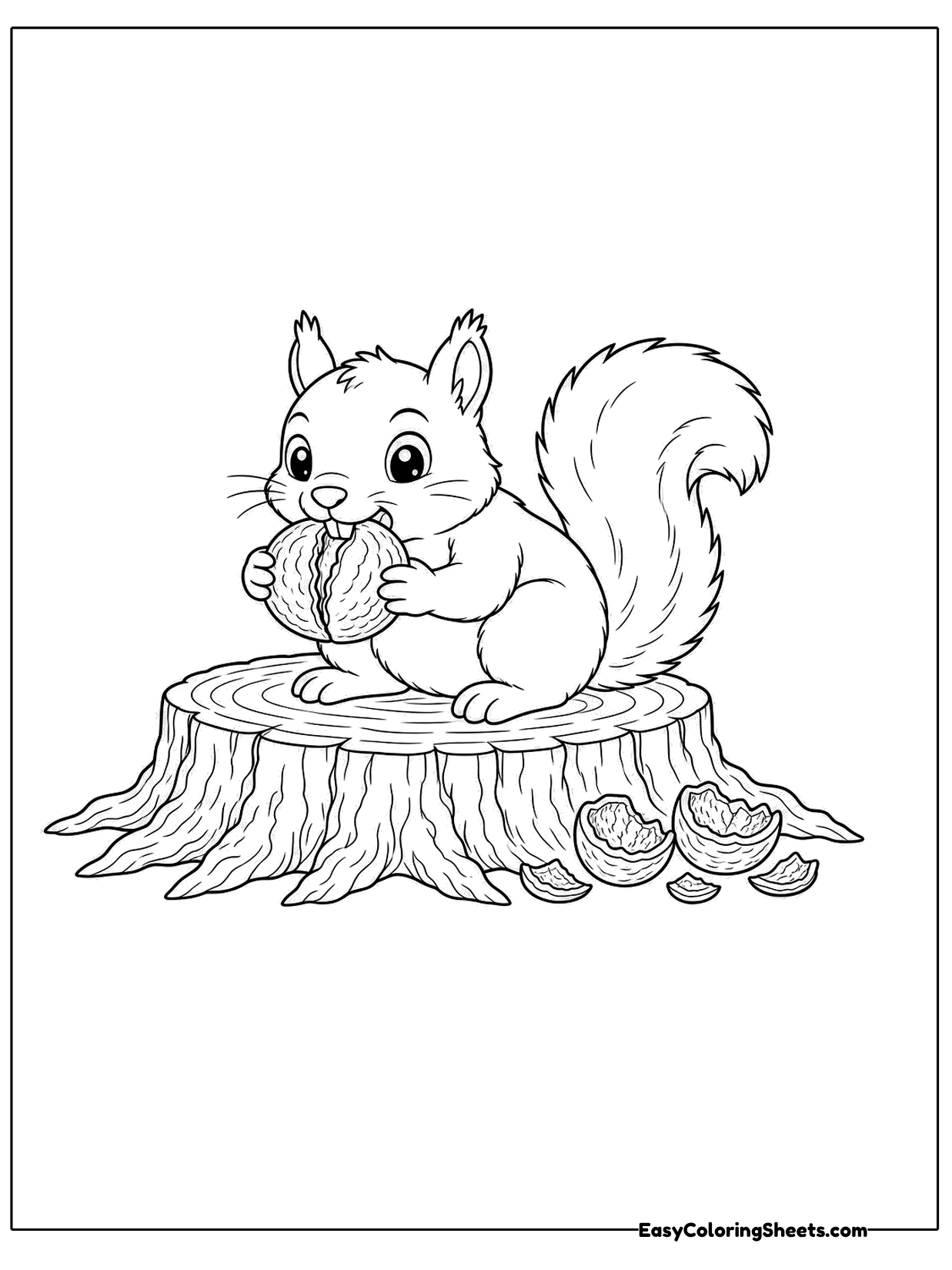 A squirrel sits on a tree stump holding a walnut in its paws, ready to crack it open.