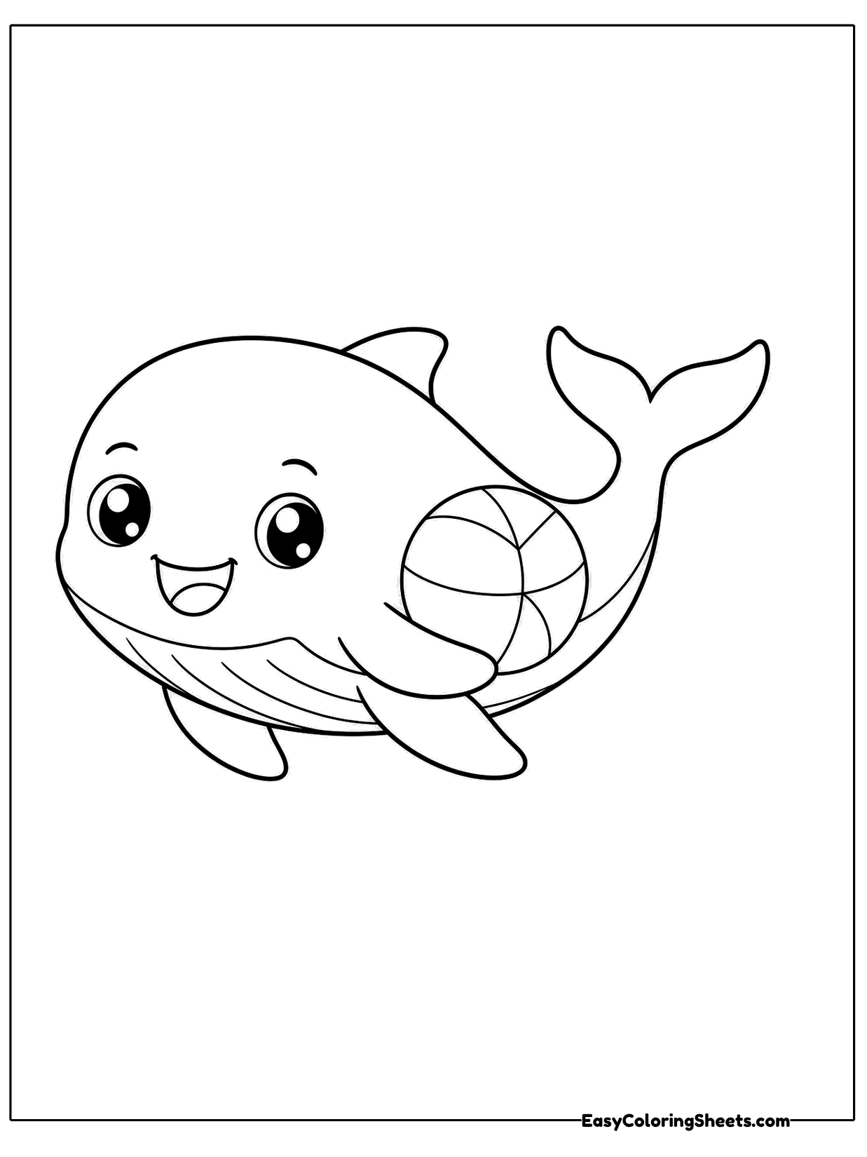 A whale holds a striped beach ball.