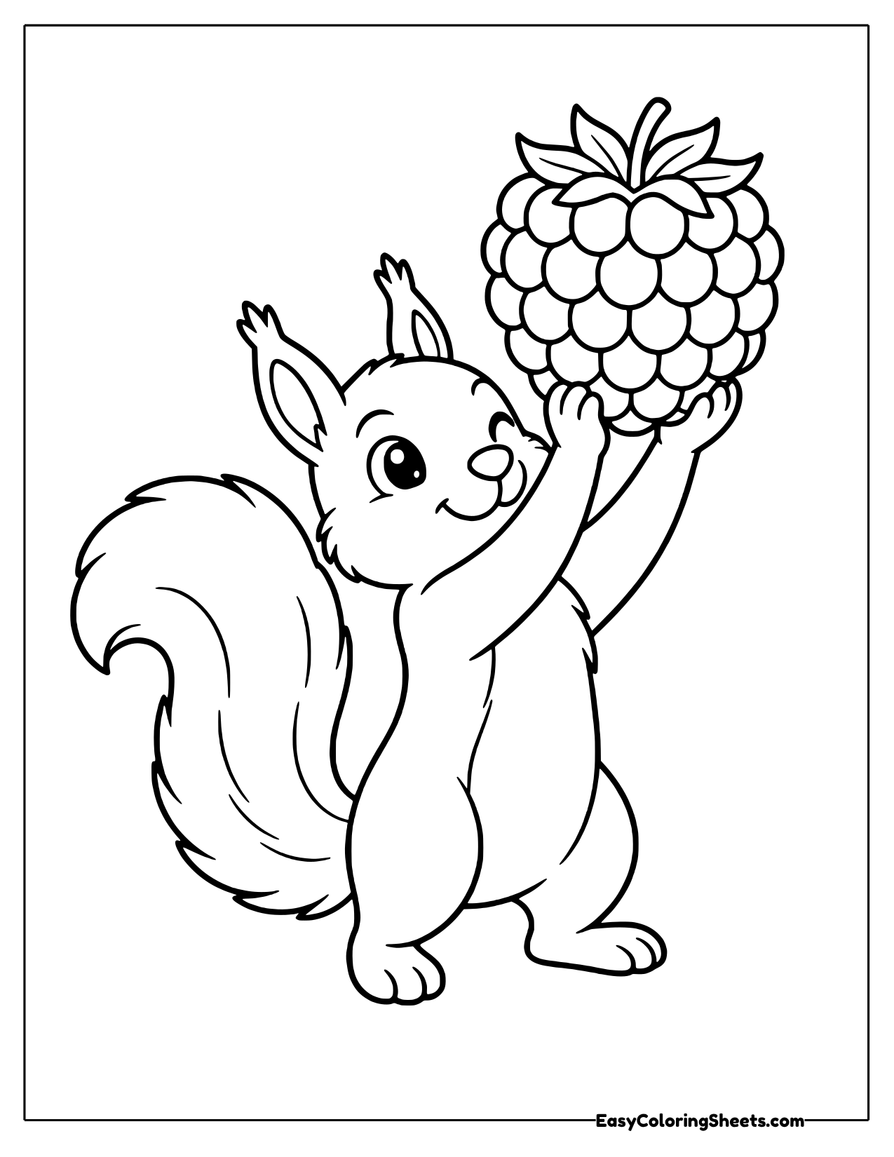 Cheerful squirrel lifting a giant raspberry high above its head