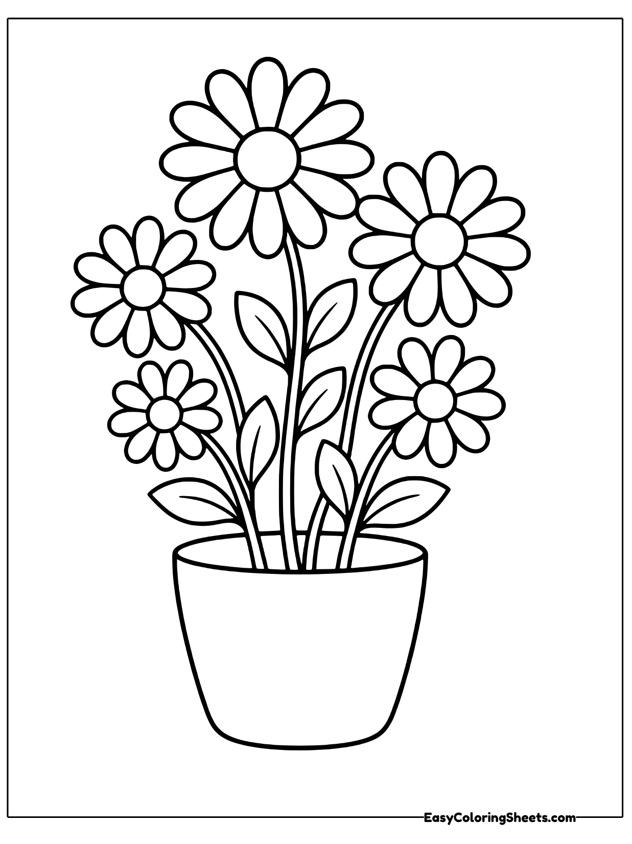 A round flower pot holds a cluster of daisies on tall stems with leaves.