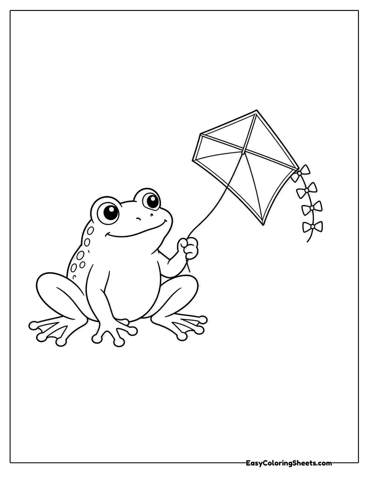 Small spotted frog holding the string of a diamond kite