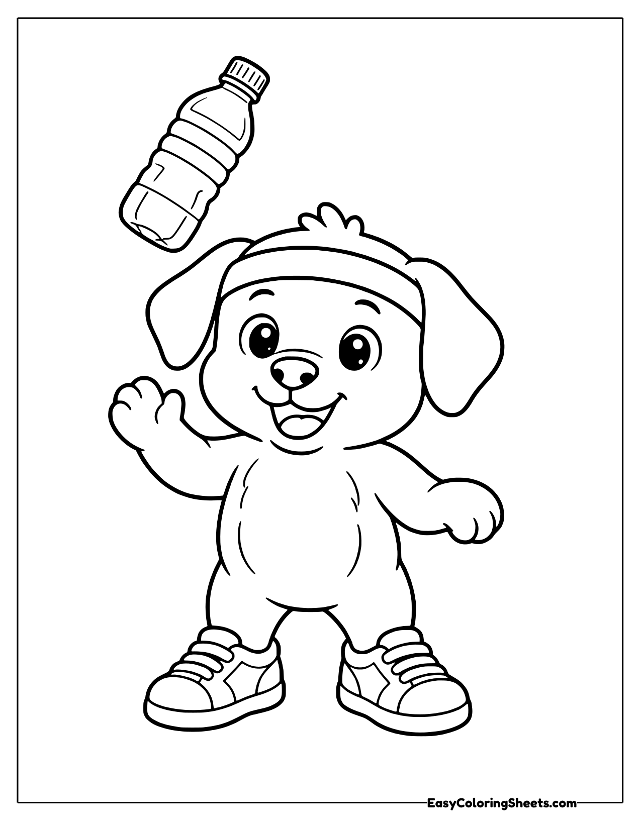 Puppy wearing a headband tossing a water bottle for a bottle flip