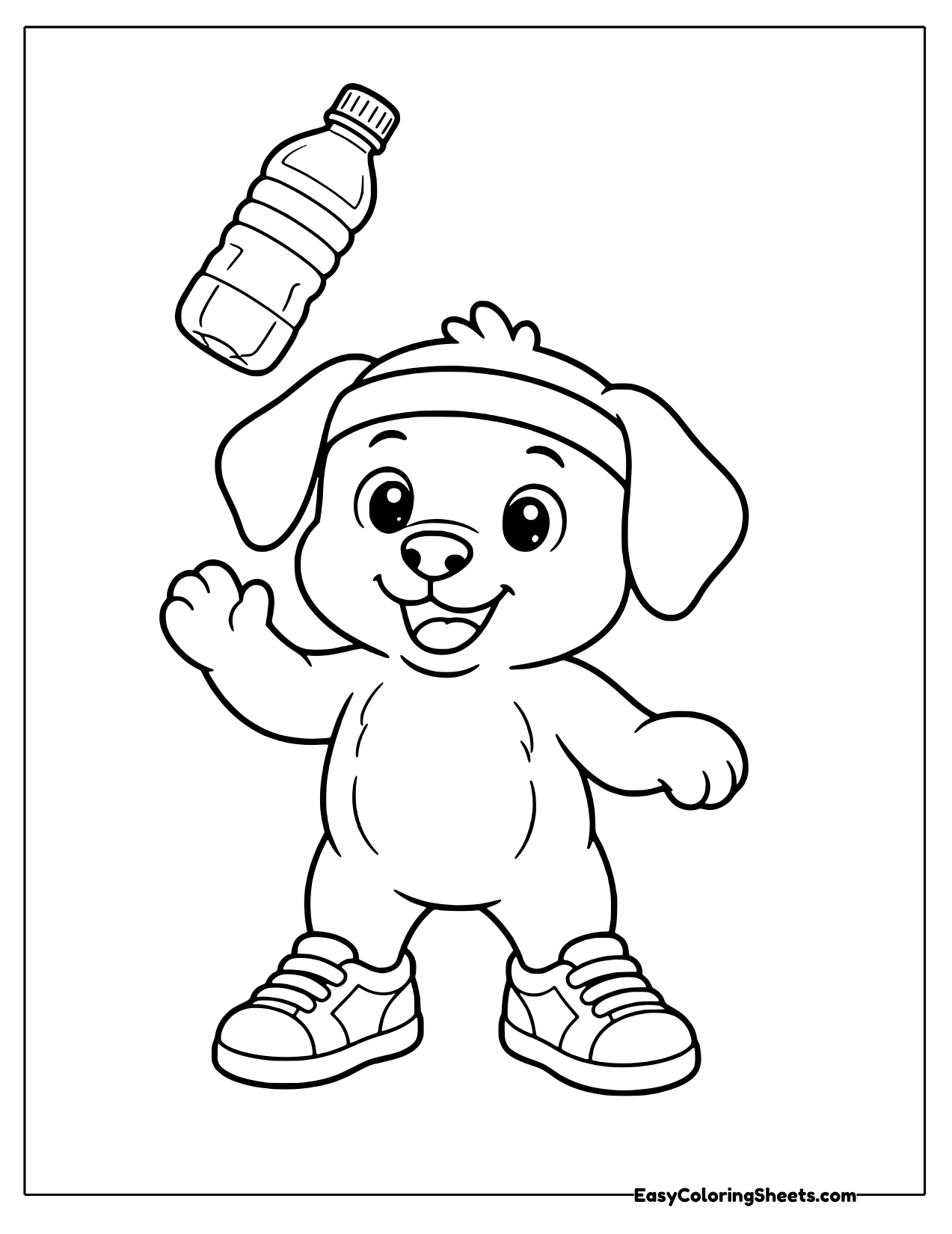 Puppy wearing a headband tossing a water bottle for a bottle flip