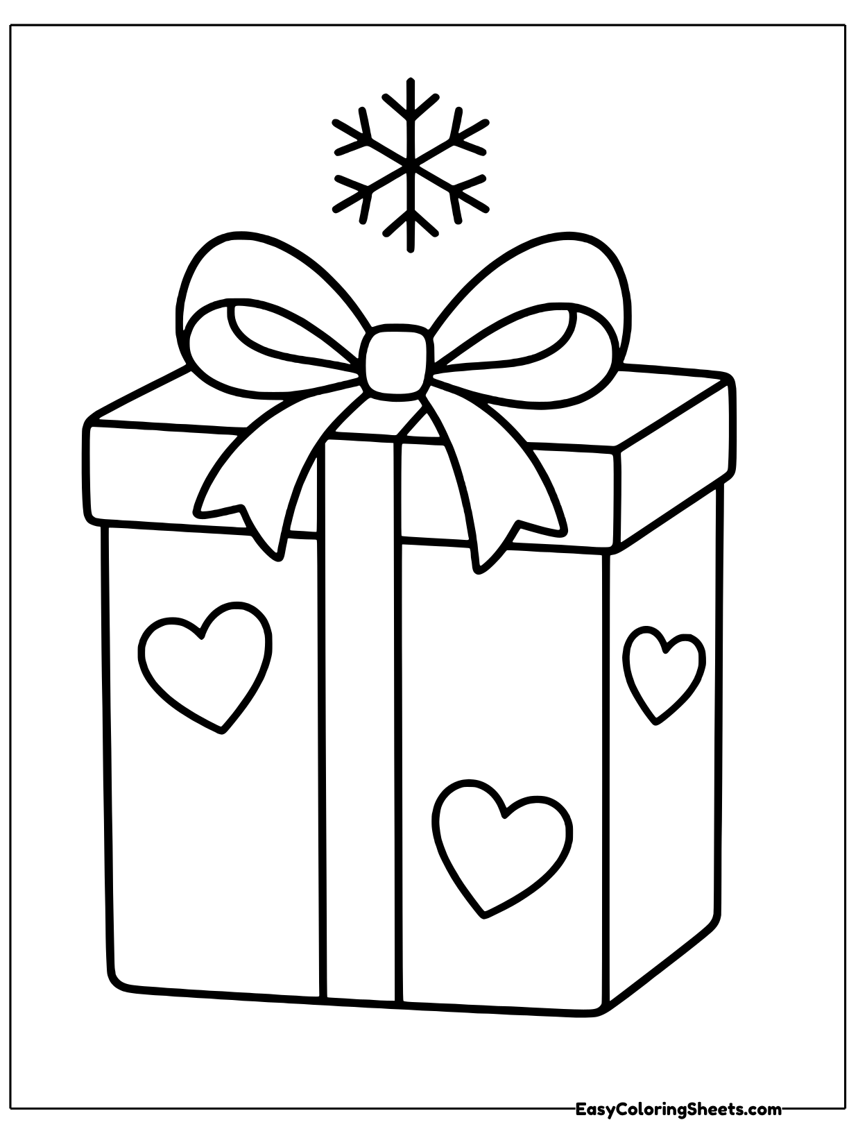 A square gift box with heart shapes on its sides is tied with a ribbon and bow, with a snowflake above.