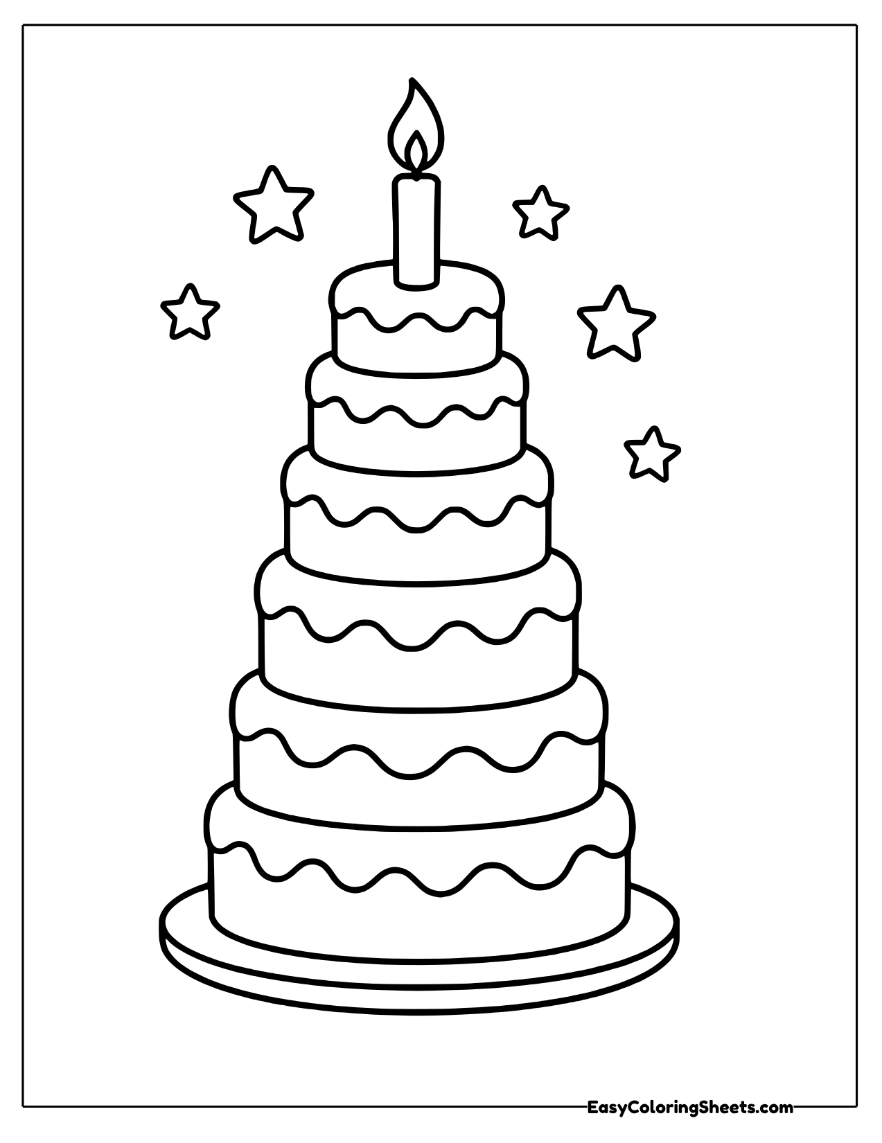 Tall tiered cake topped with one candle
