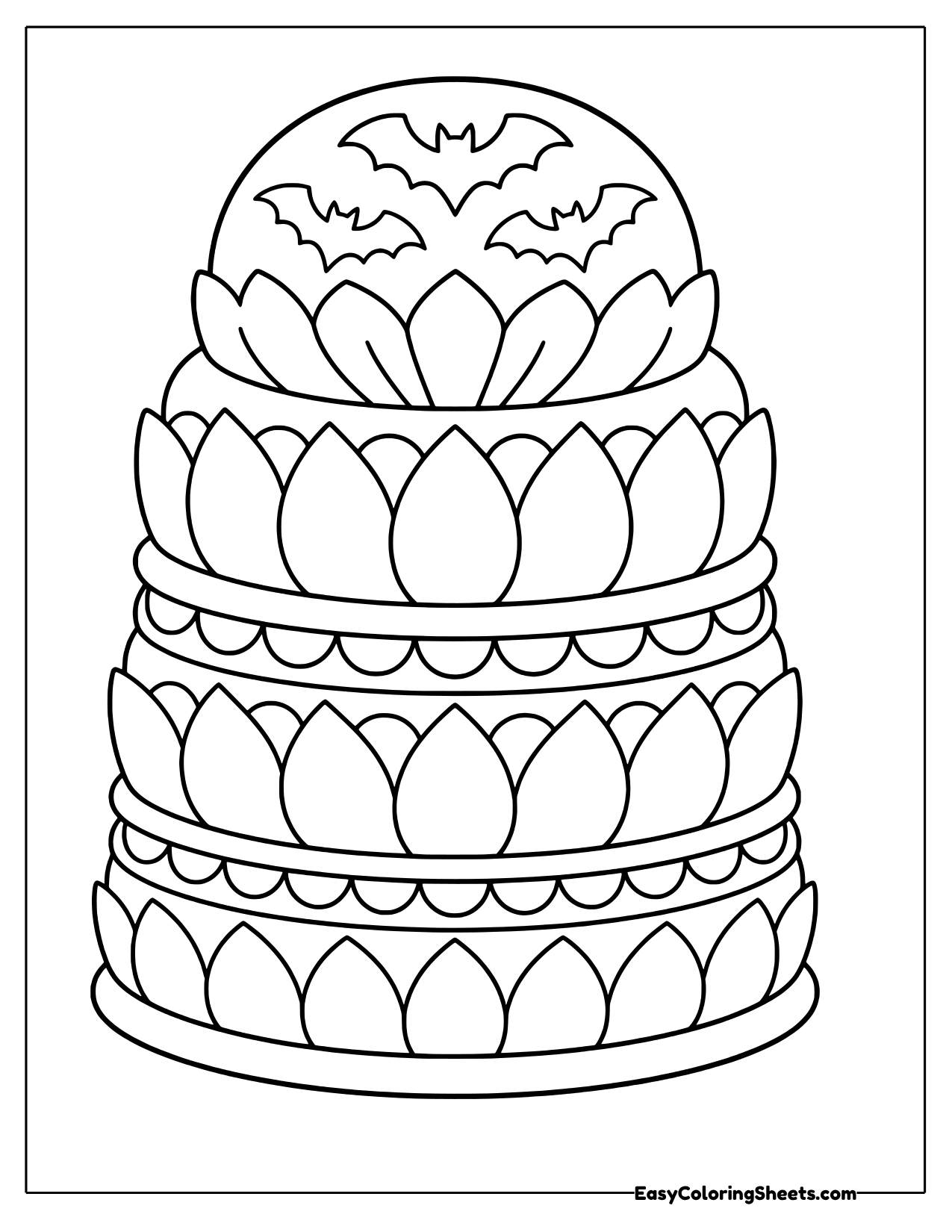 Three tier cake mandala with petal rows on each layer and bats on the dome top