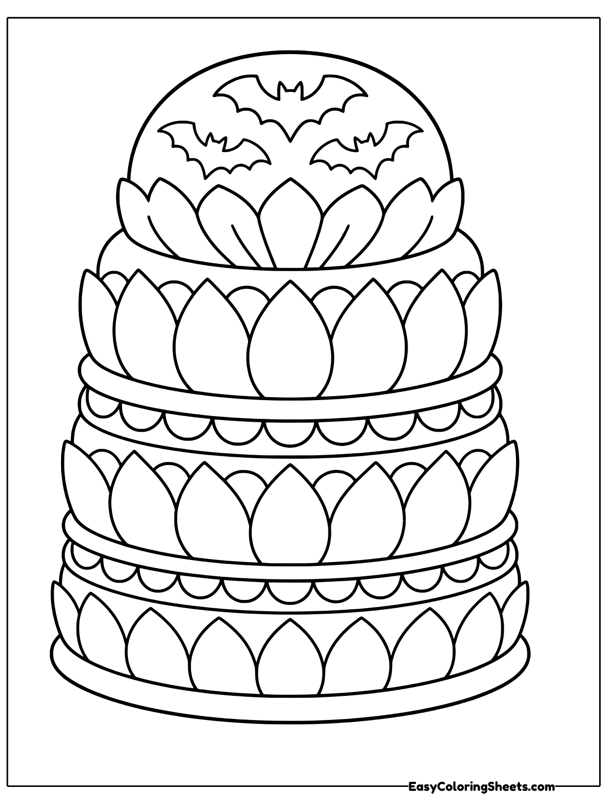 A tall three tier cake is decorated with rows of rounded petals on every layer, topped with a dome where little bats fly.