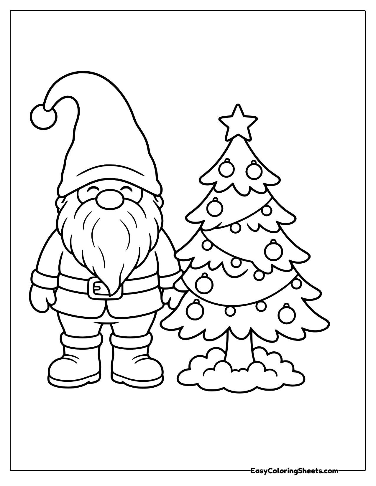 Gnome standing beside a small decorated Christmas tree
