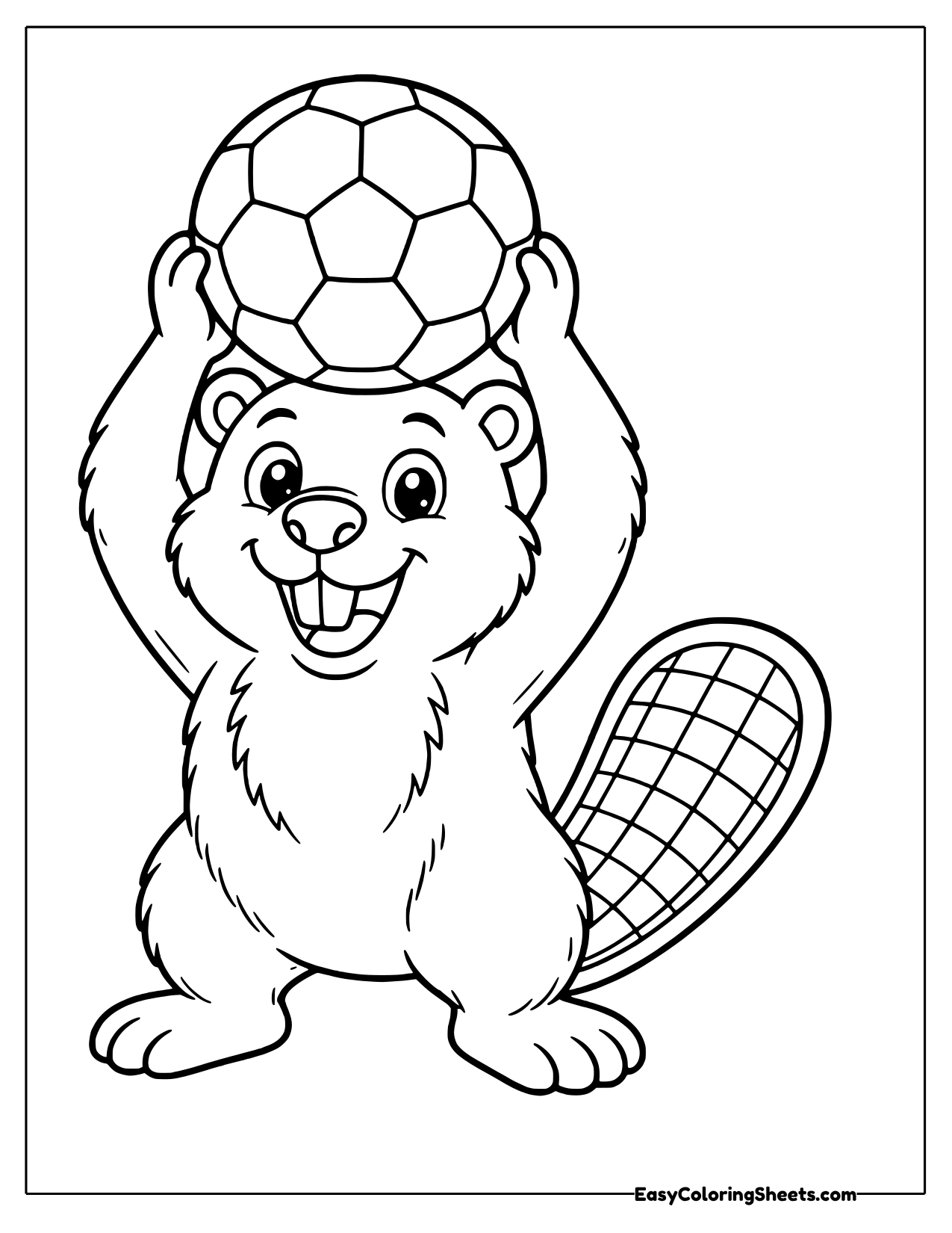 Beaver lifting a soccer ball over its head with both paws