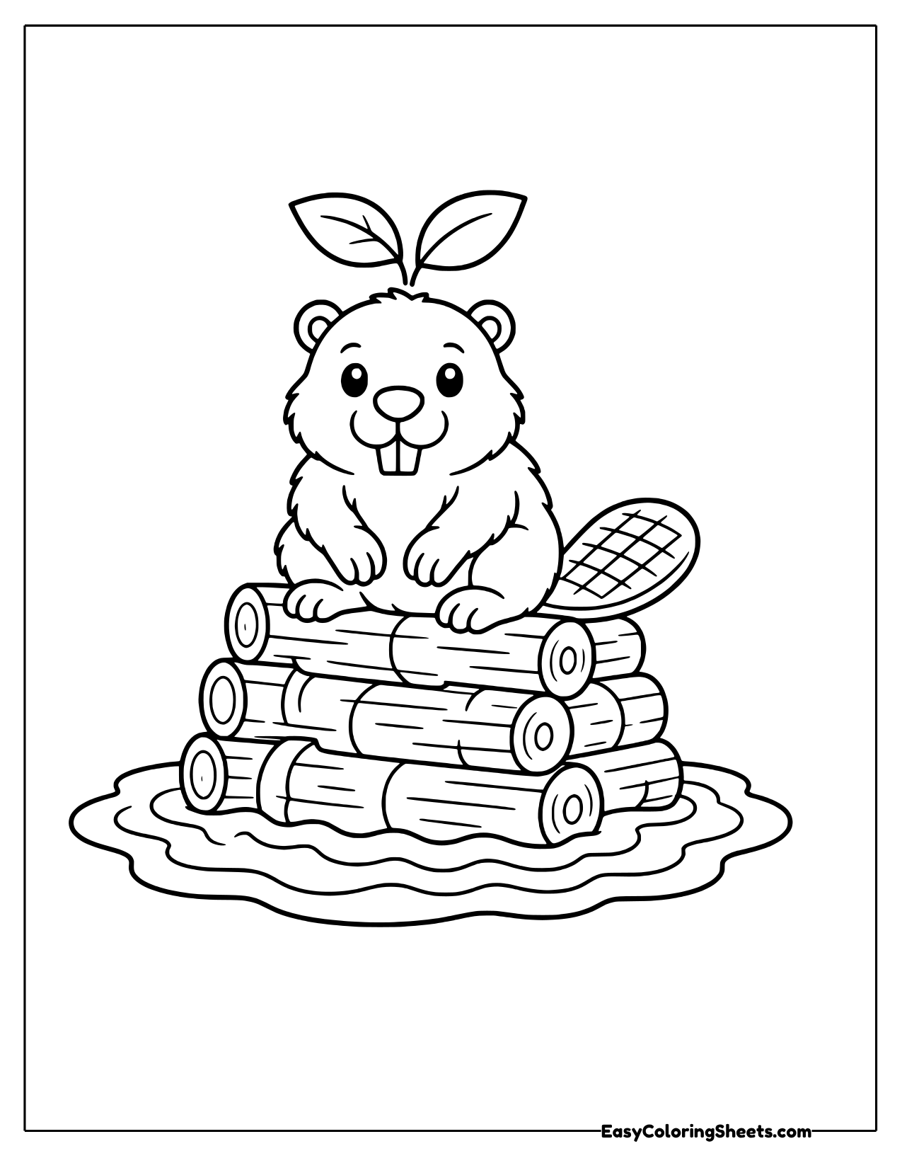 Beaver sitting on a pile of logs by water