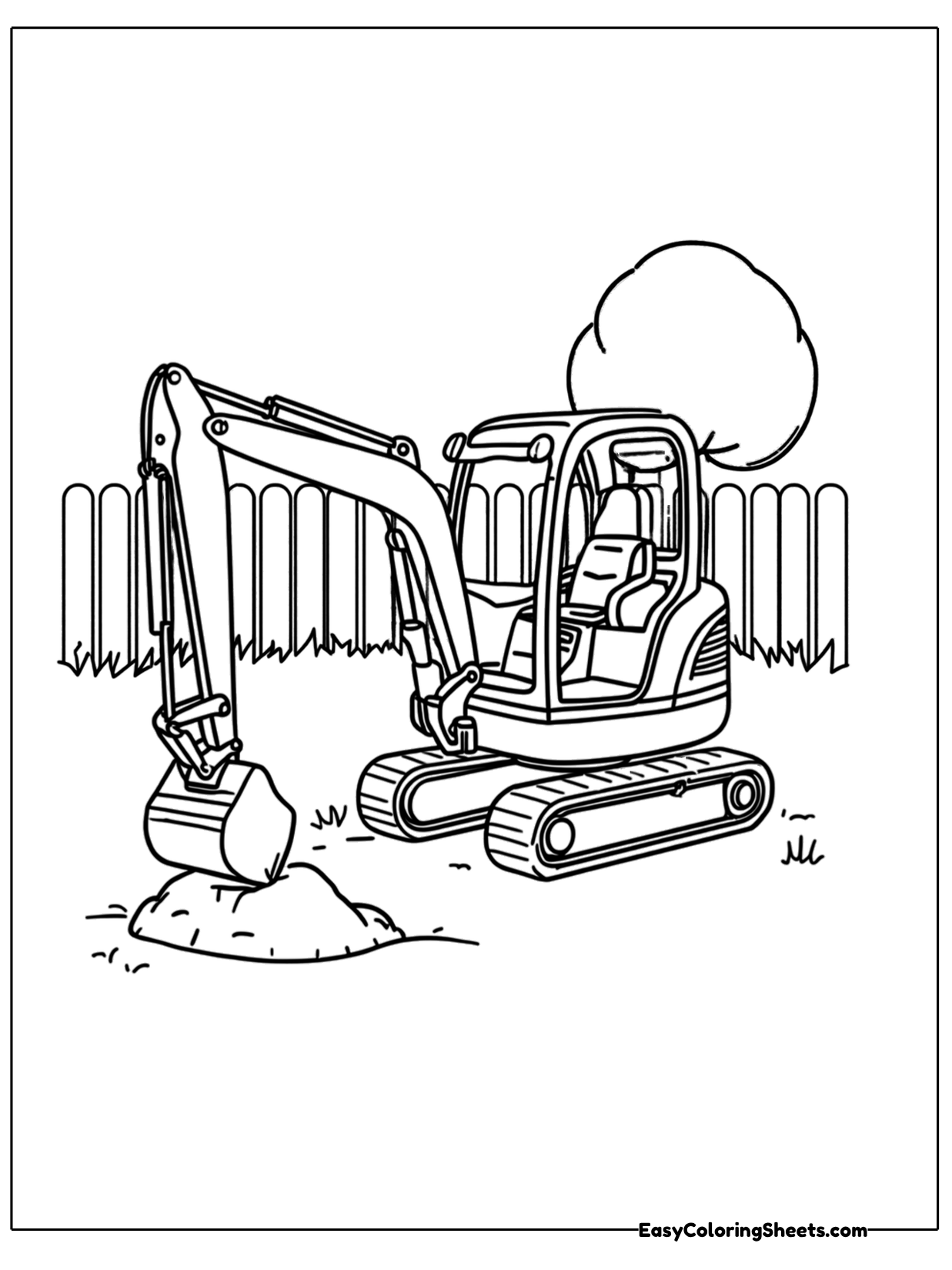 A mini excavator digs in a backyard with a fence and a tree behind it.