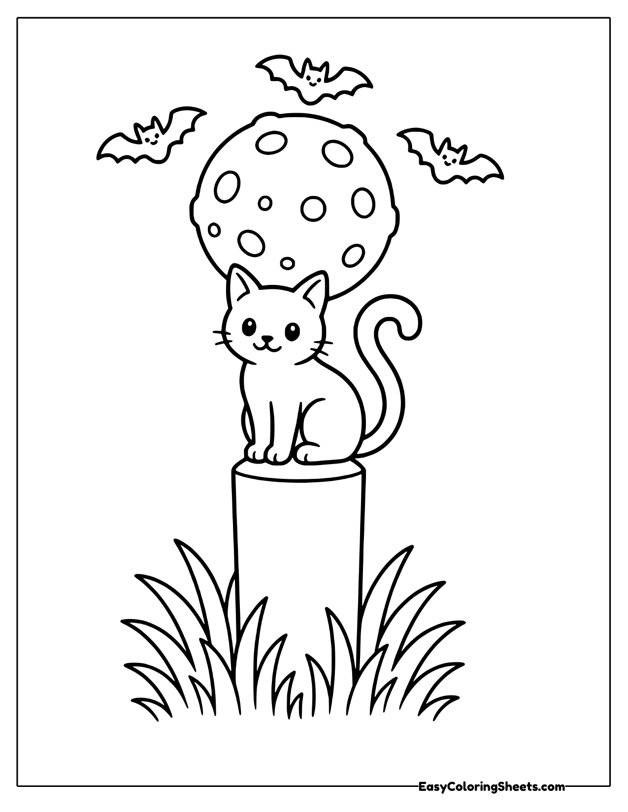 Cat sitting on a tall post in front of a spotted full moon with flying bats