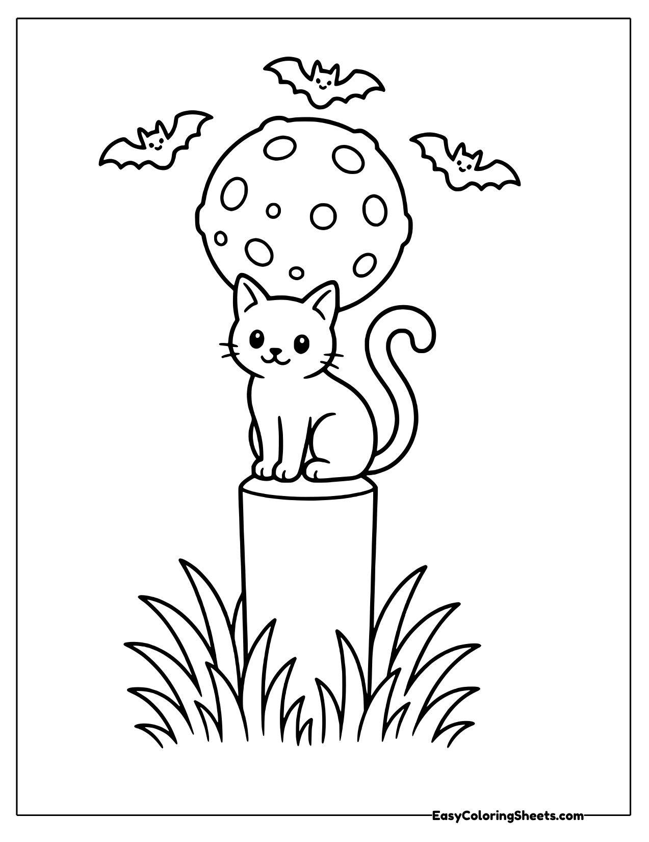 Cat sitting on a tall post in front of a spotted full moon with flying bats