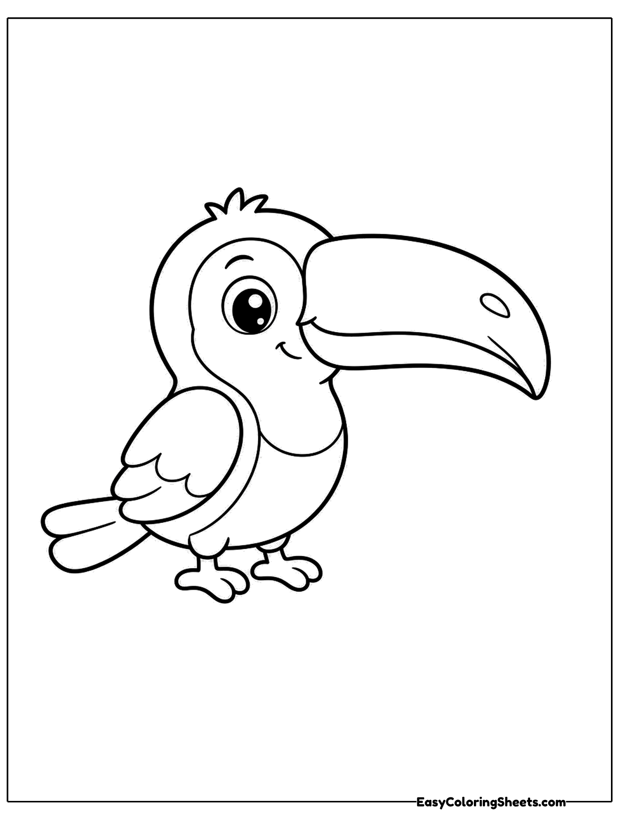 A cheerful toucan with a long curved beak and a round body stands with a smile.