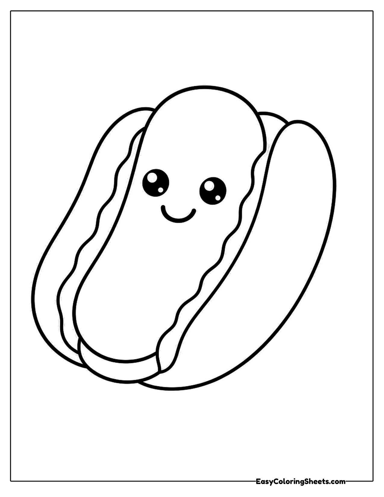 Smiling hot dog character in a bun