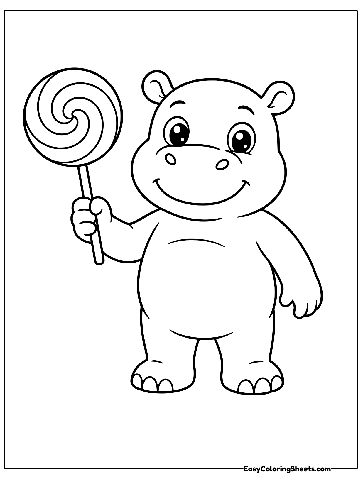 A happy hippo stands holding up a round lollipop with a spiral swirl on a stick.