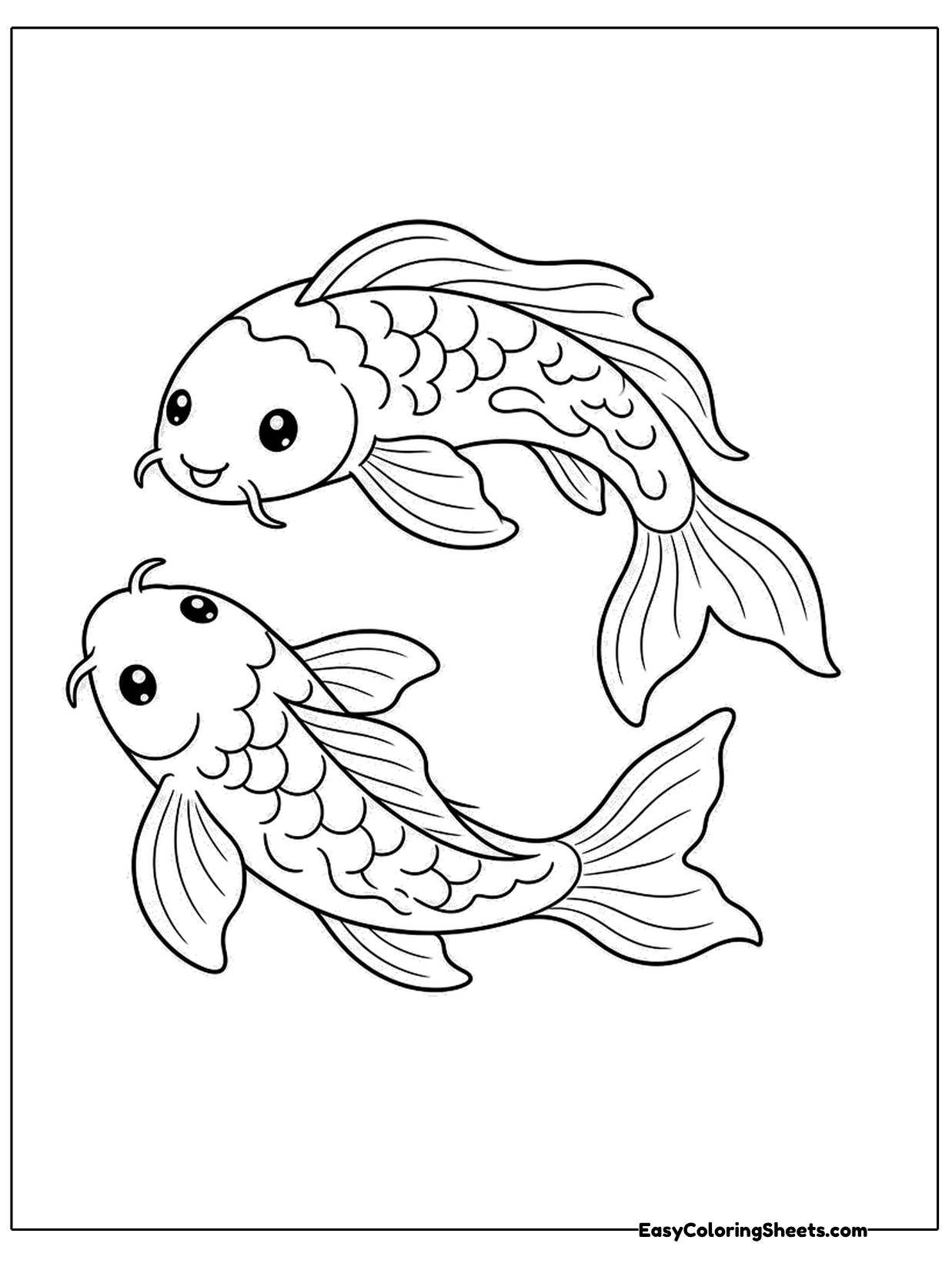 Two plump koi swim past each other, one heading left and the other right, with soft rounded fins and long fanned tails.