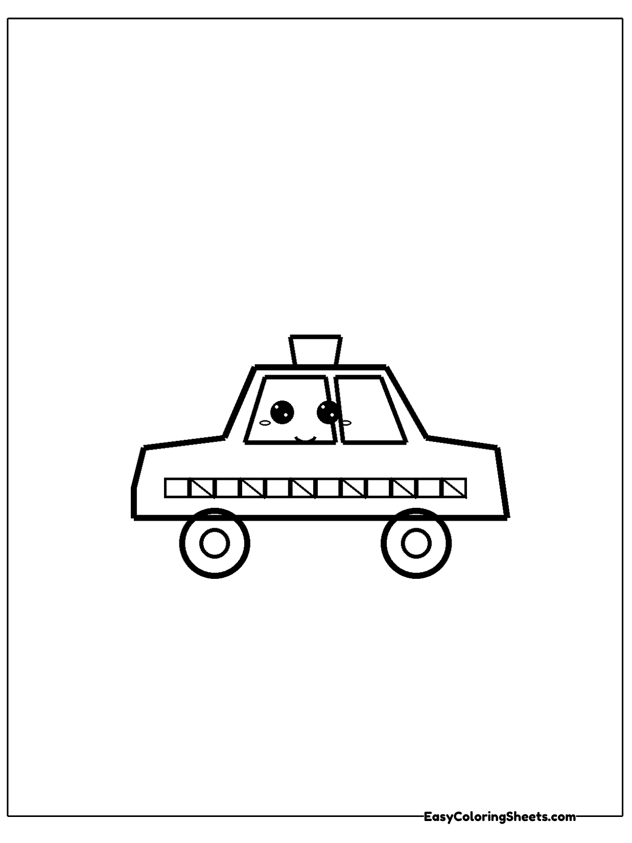 A small taxi cab is drawn in a simple outline with a sign on its roof and a checkered stripe along its side.