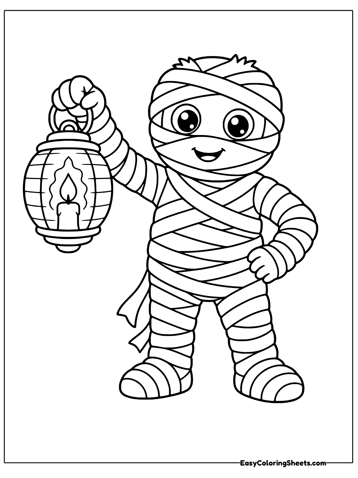 A mummy holds up an old-fashioned lantern with a flame inside while walking forward.