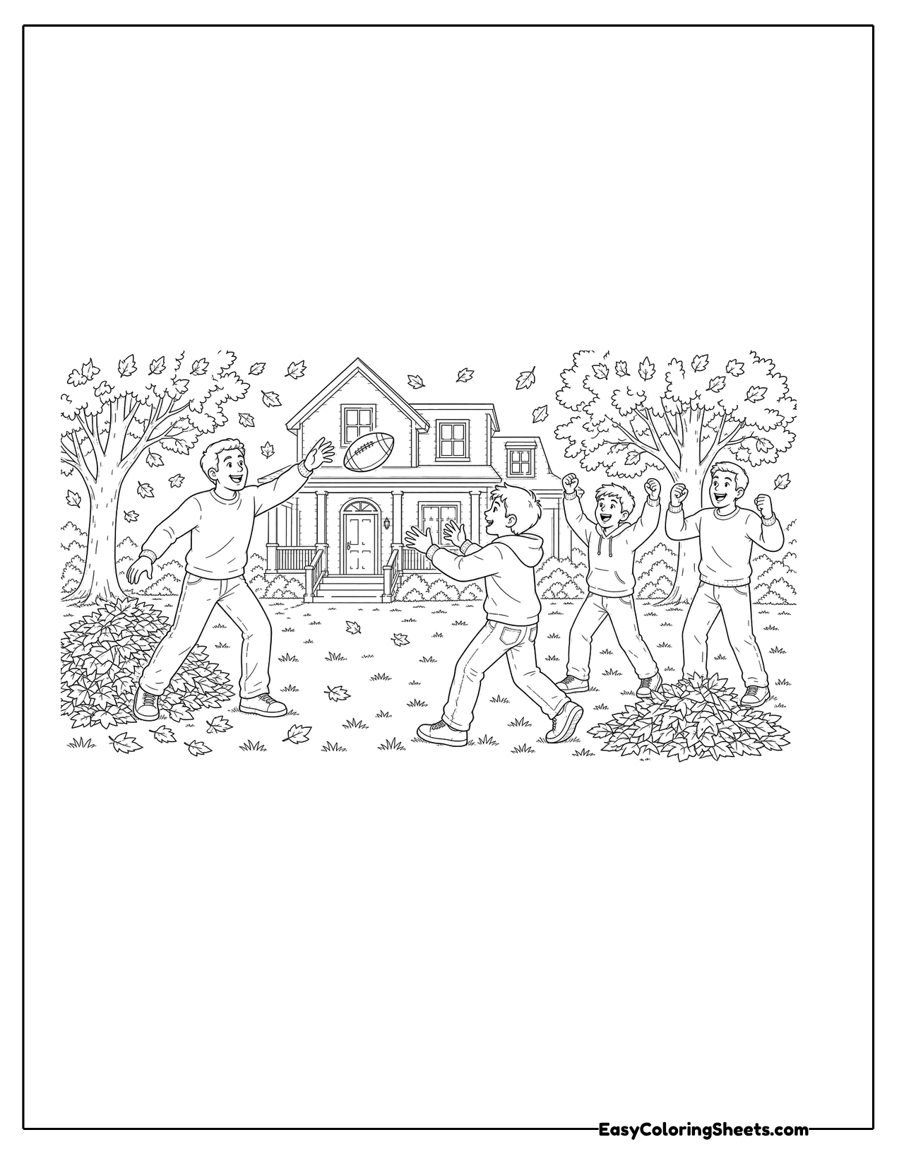 Family playing football in a leafy backyard in front of a house