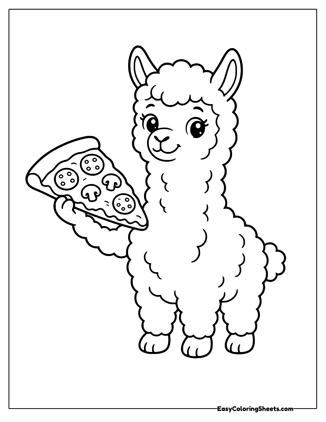 A hungry alpaca holds up a big slice of pepperoni pizza with a happy wink, ready for a tasty lunch.