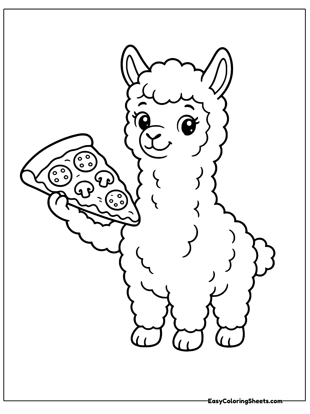 A hungry alpaca holds up a big slice of pepperoni pizza with a happy wink, ready for a tasty lunch.