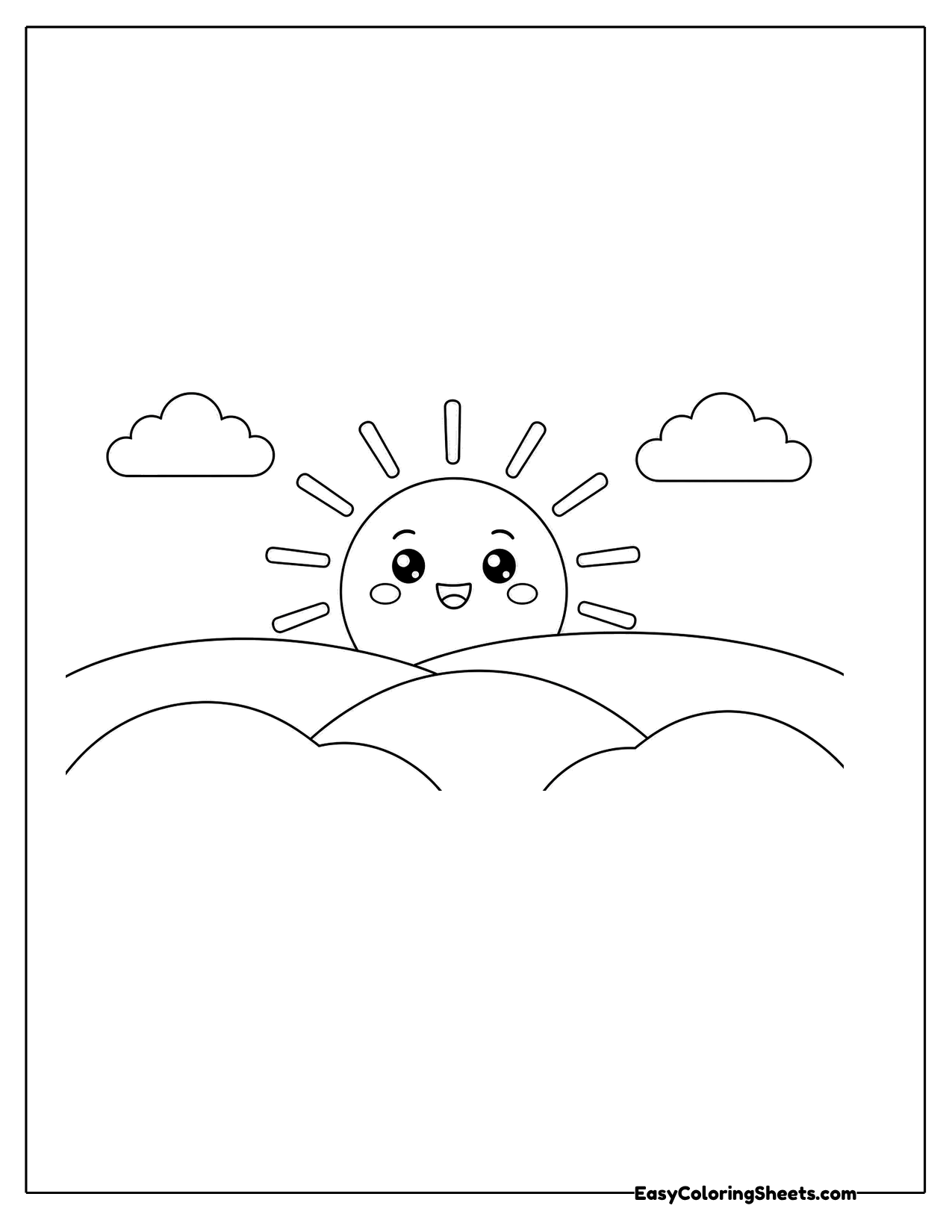 Smiling sun rising over rolling hills