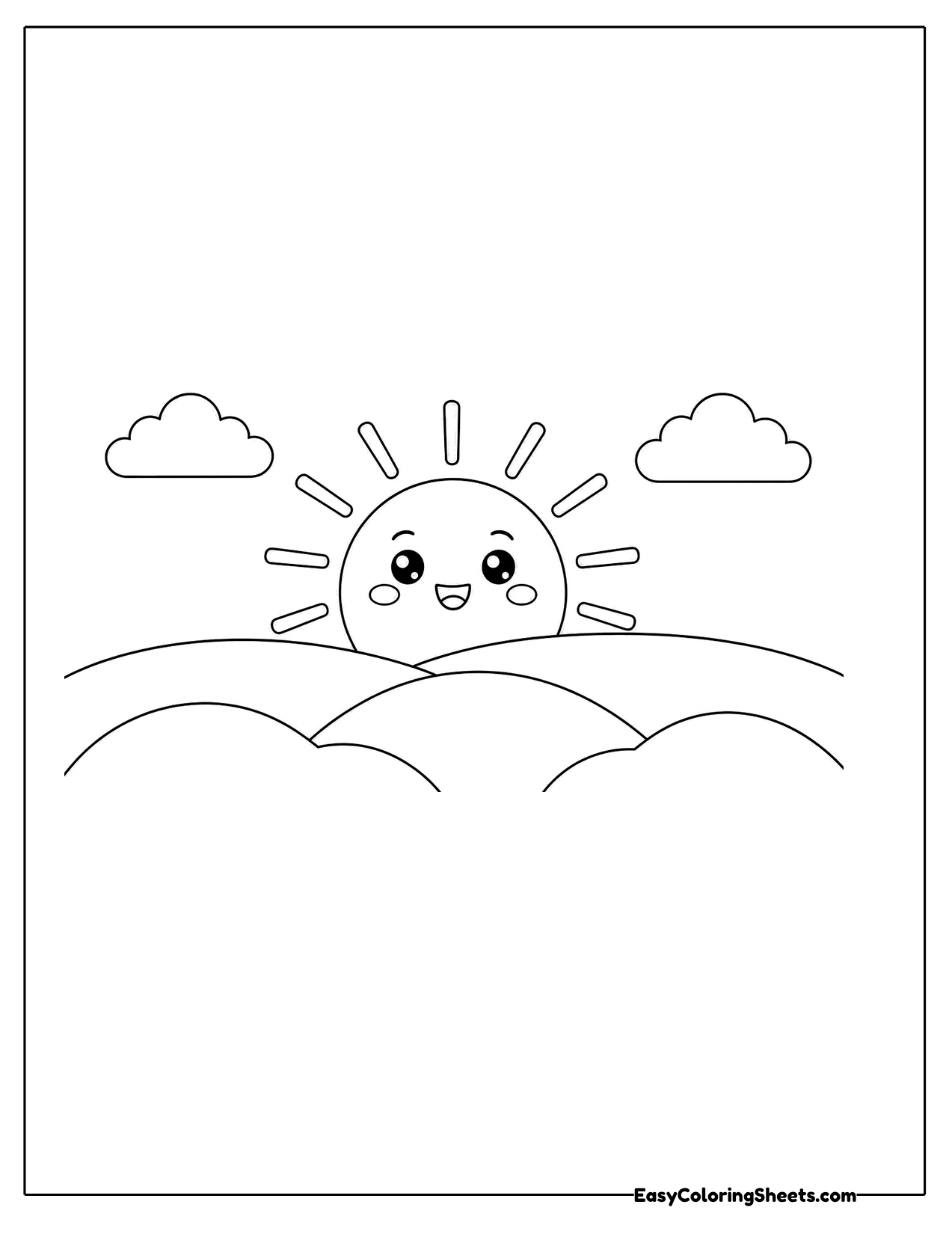 Smiling sun rising over rolling hills