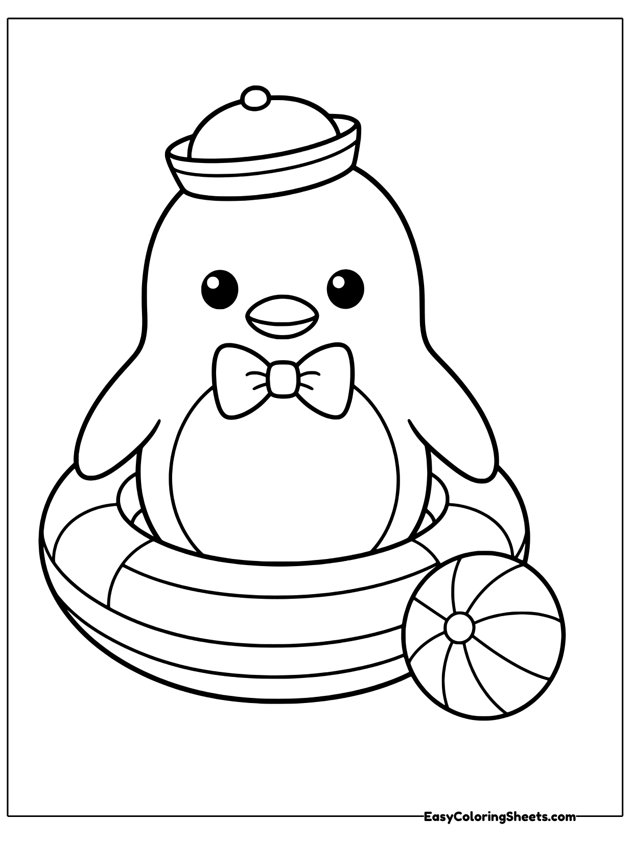 Tuxedo Sam is ready for a splash in this fun beach coloring page.