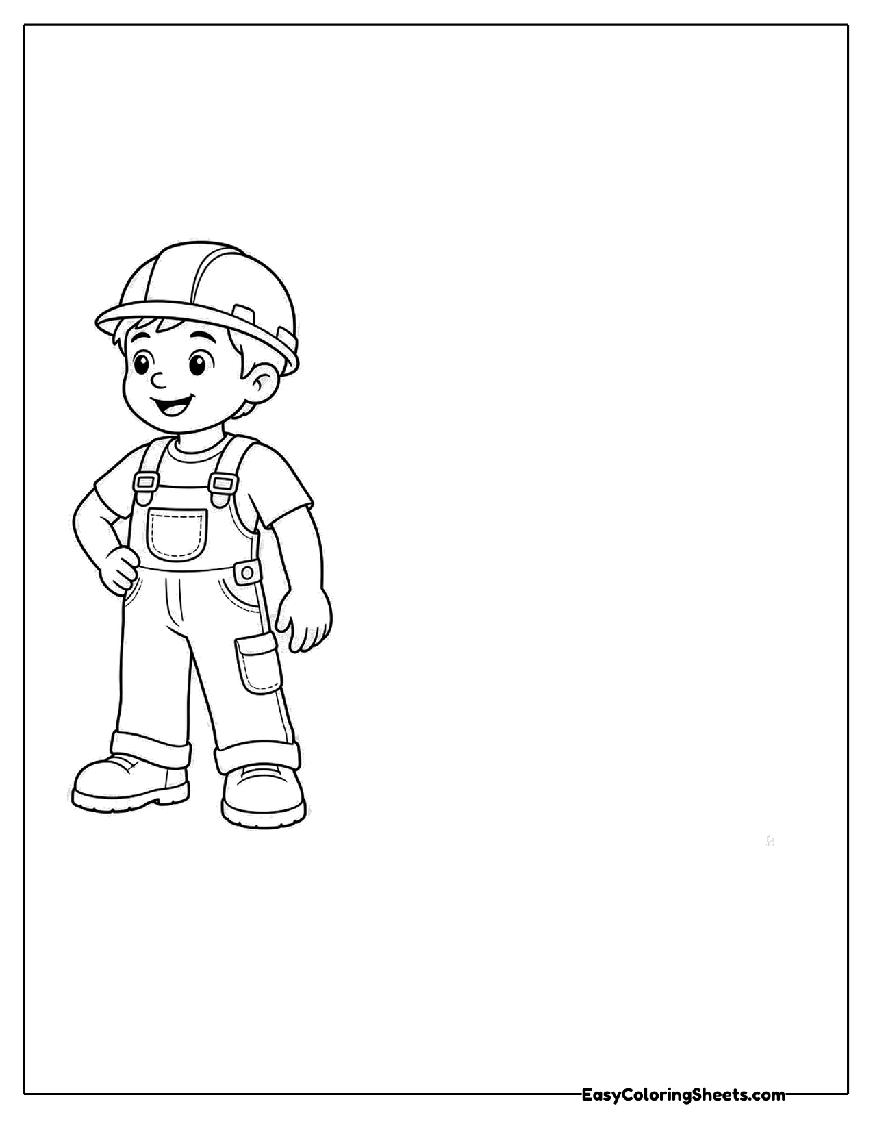 Smiling cartoon builder in a hard hat and overalls