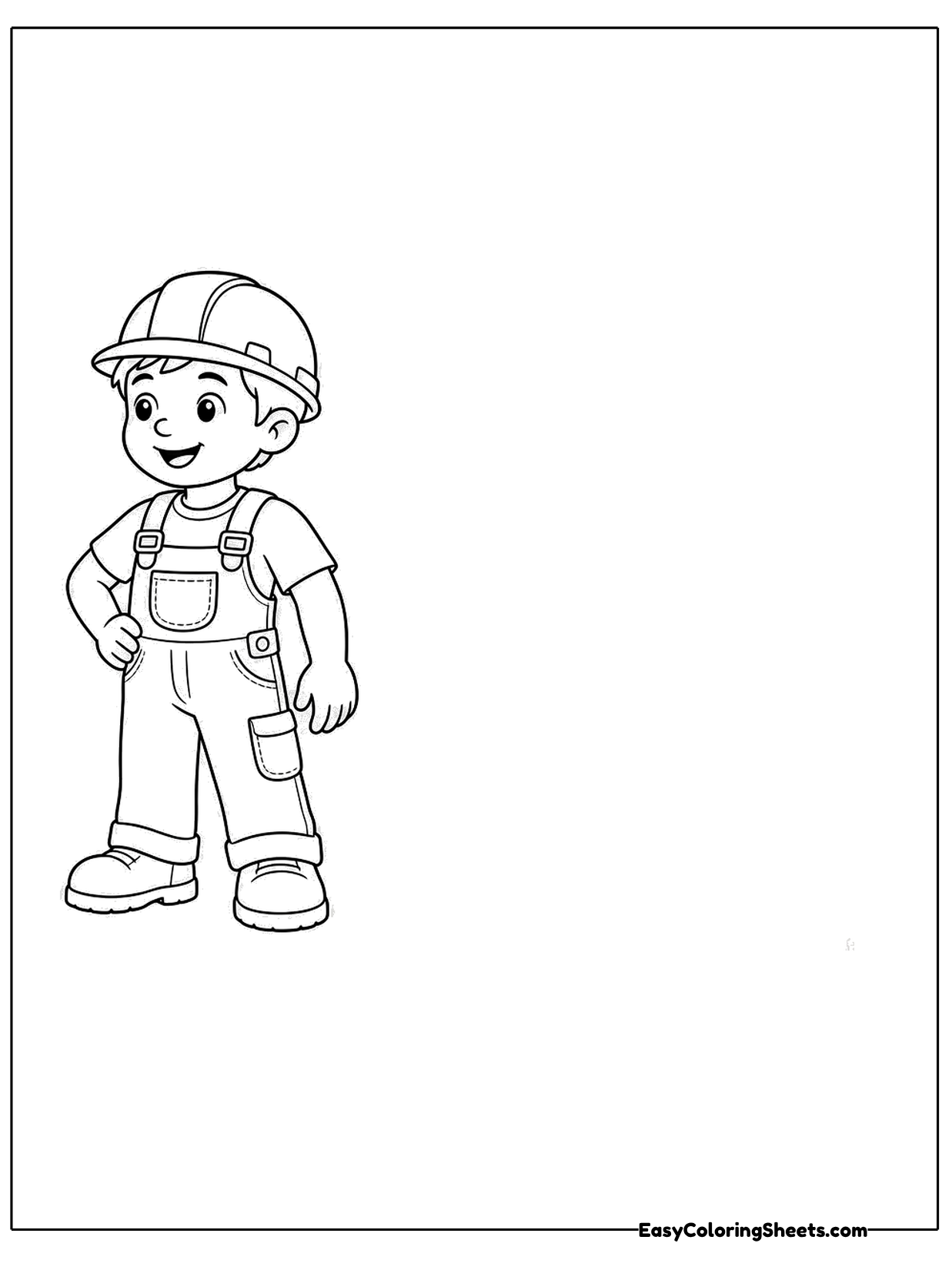 A smiling cartoon builder stands ready for work in a hard hat, a work shirt and sturdy overalls with a tool belt.