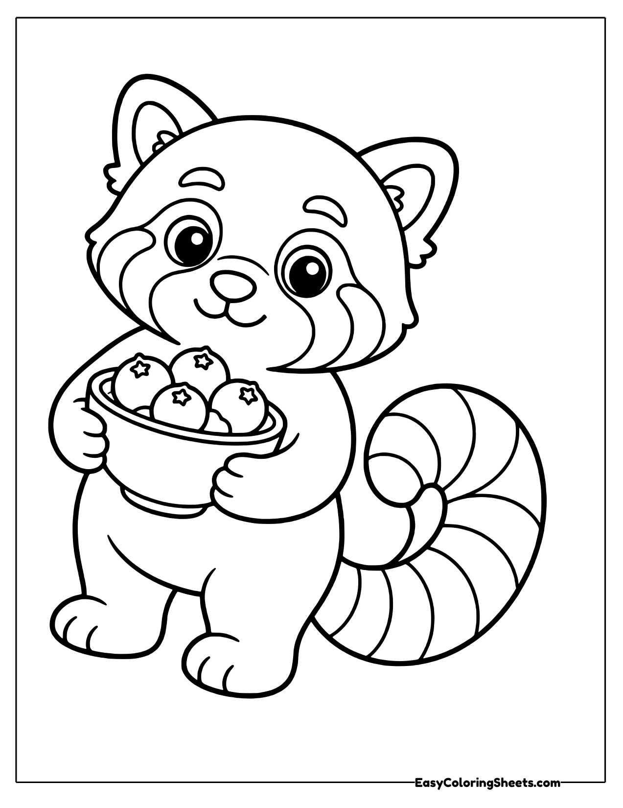 Red panda with a ringed tail holding a bowl of berries