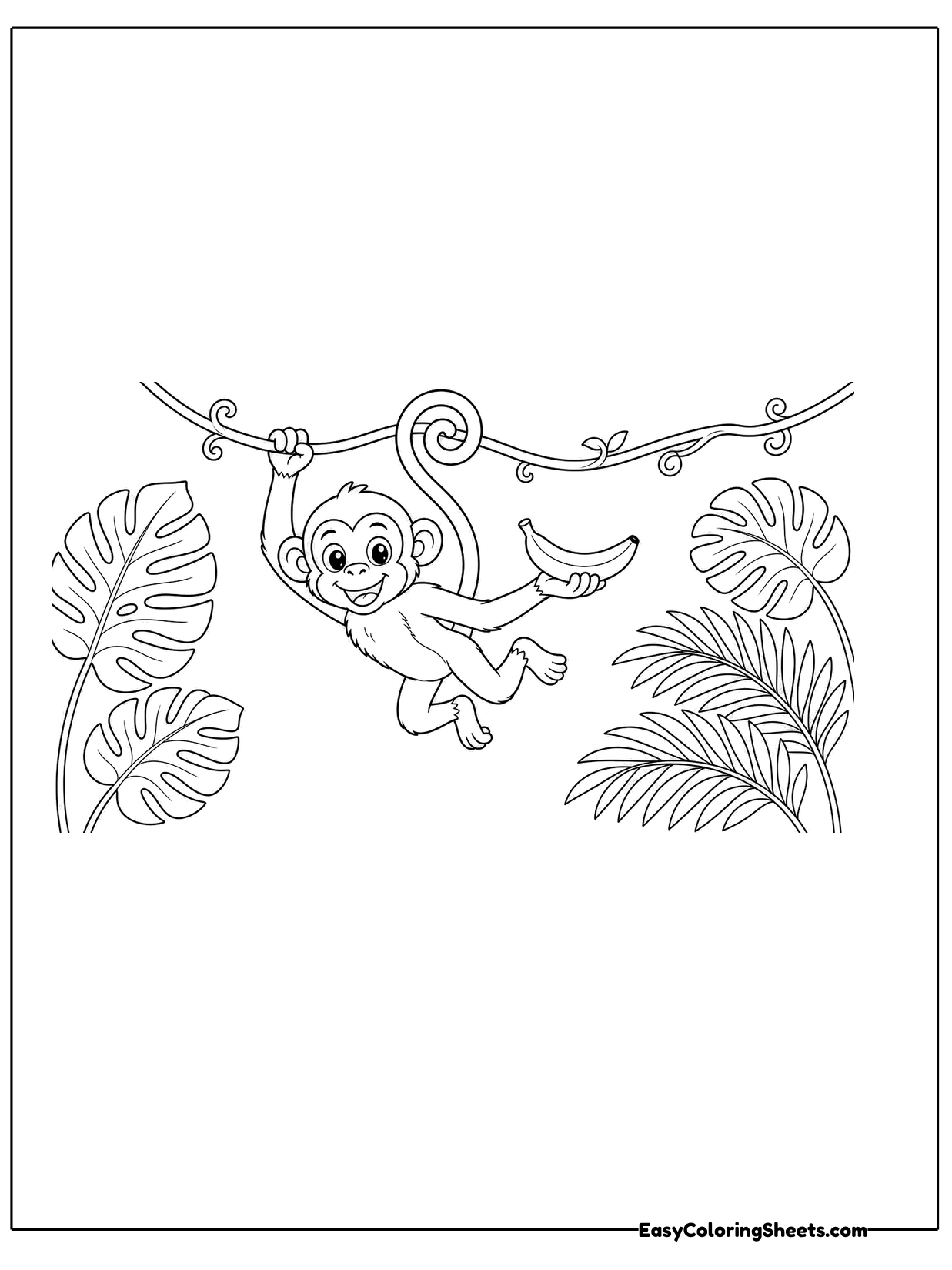 A playful monkey hangs from a looping vine with its tail curled, while tropical leaves frame the corners.
