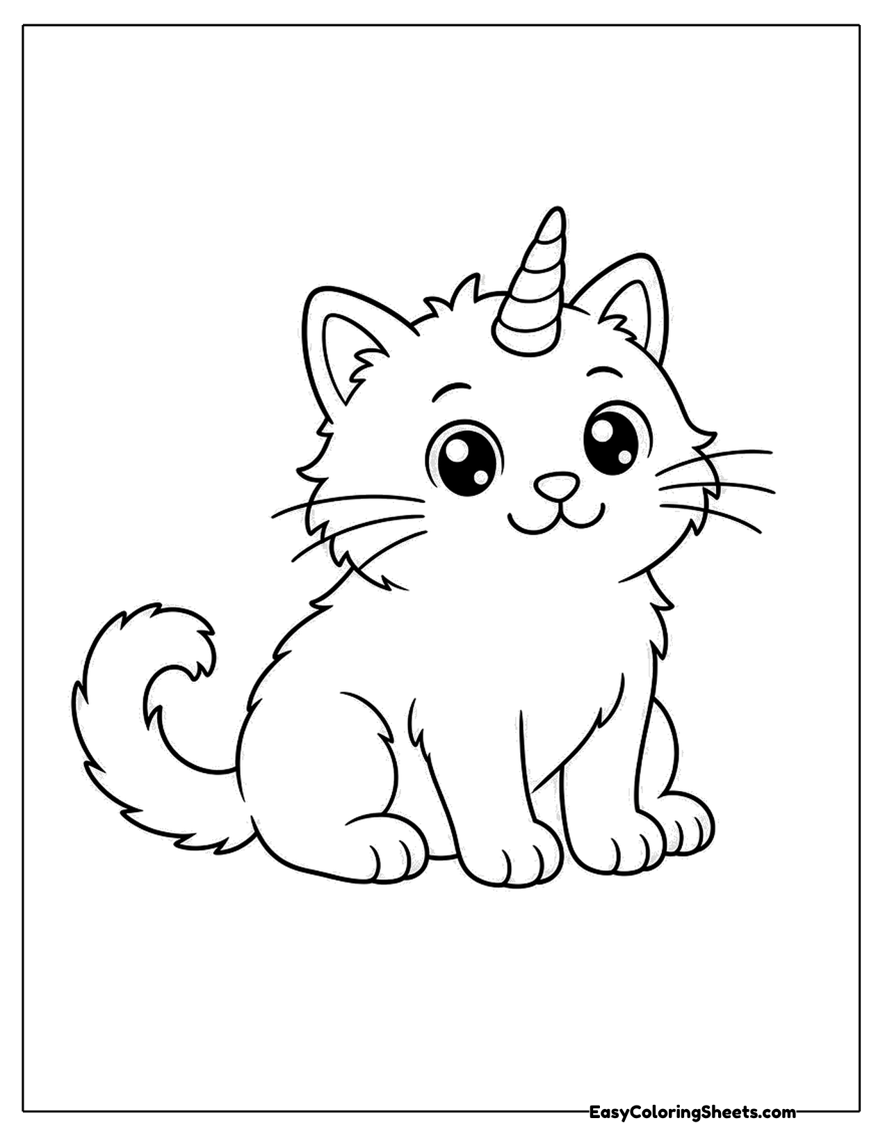 Fluffy unicorn kitten sitting with its tail curled