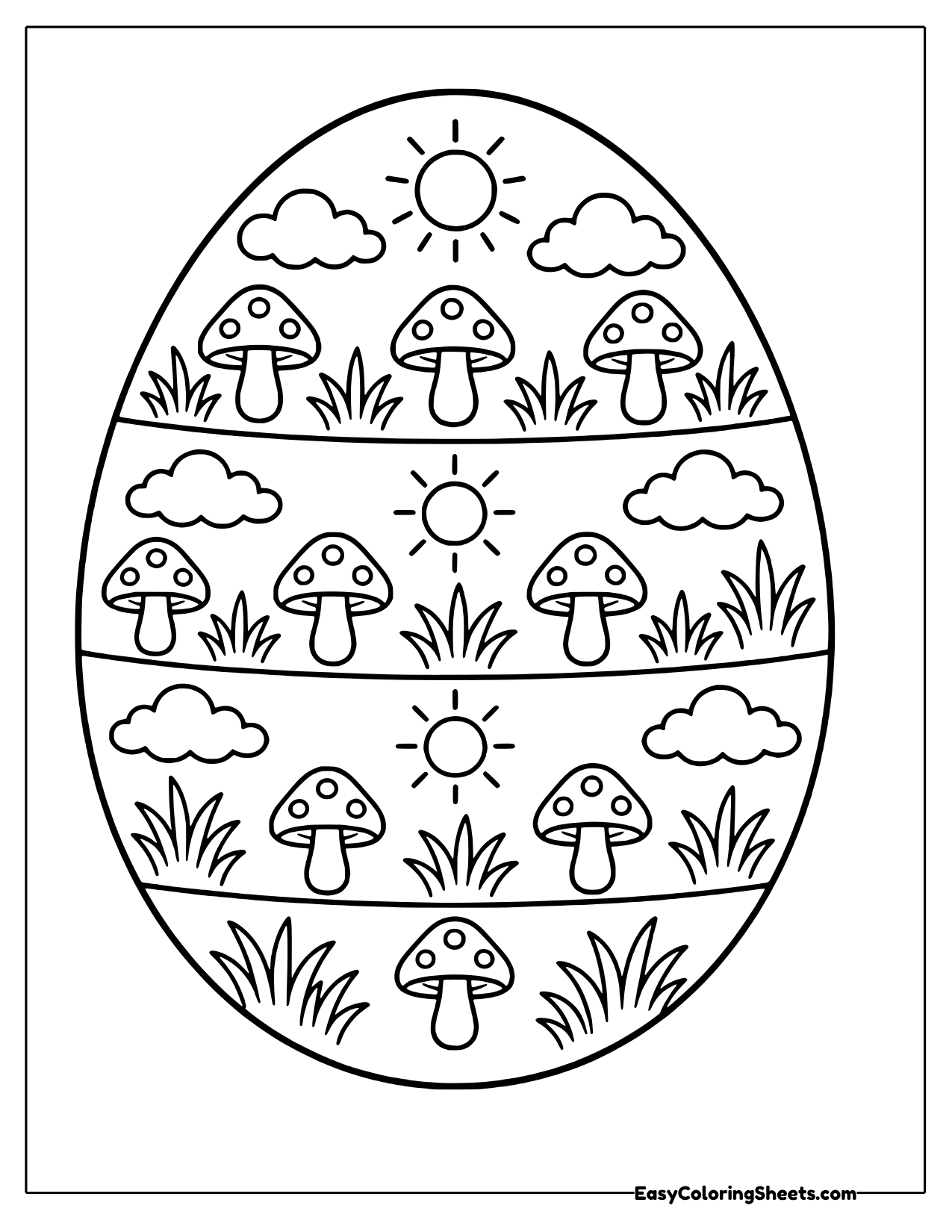 Easter egg template with a mushroom garden