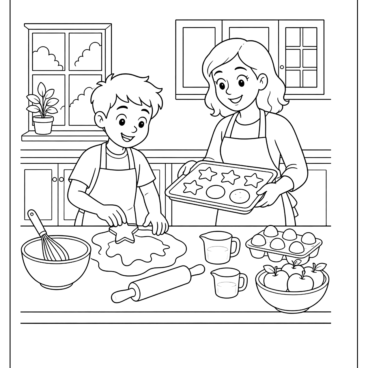 Child and parent baking cookies together in a kitchen