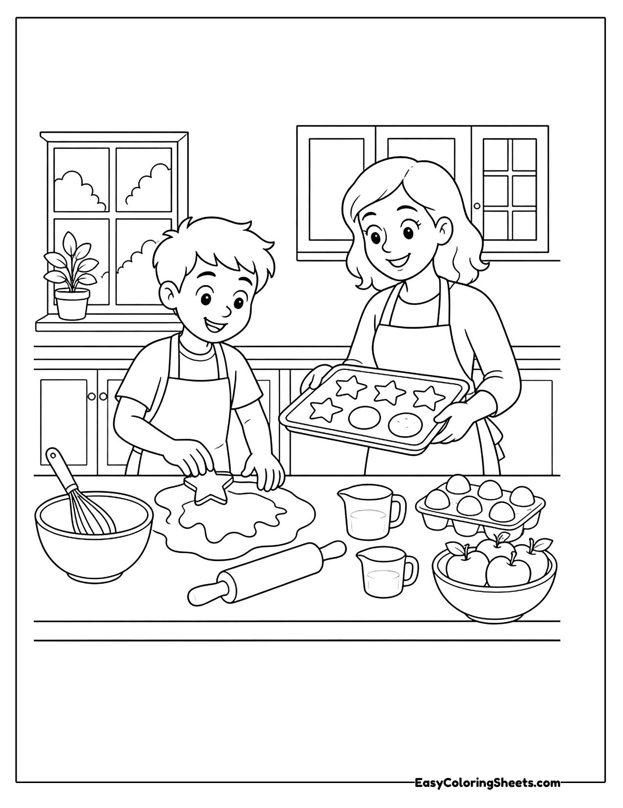 Child and parent baking cookies together in a kitchen