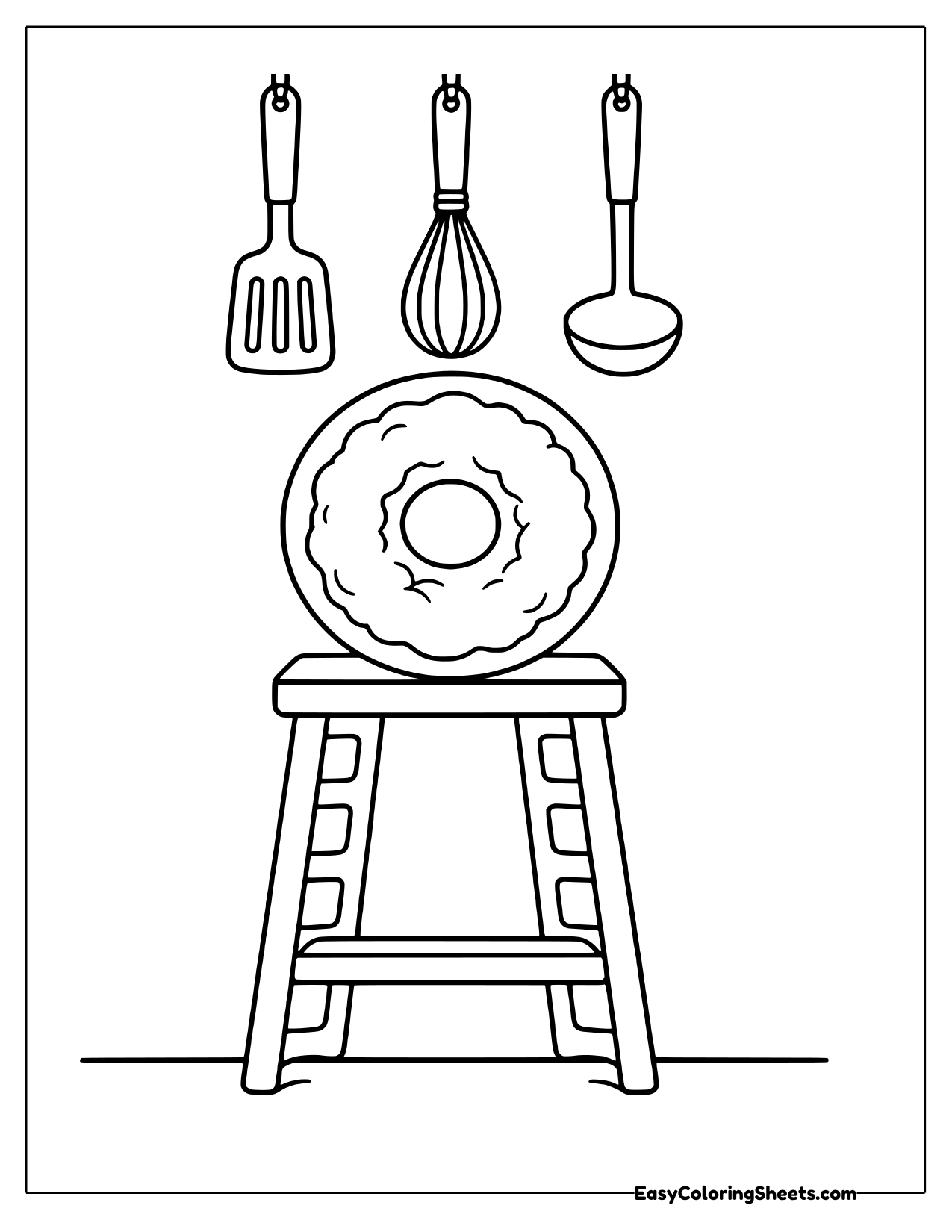 Bagel on a stool below kitchen utensils