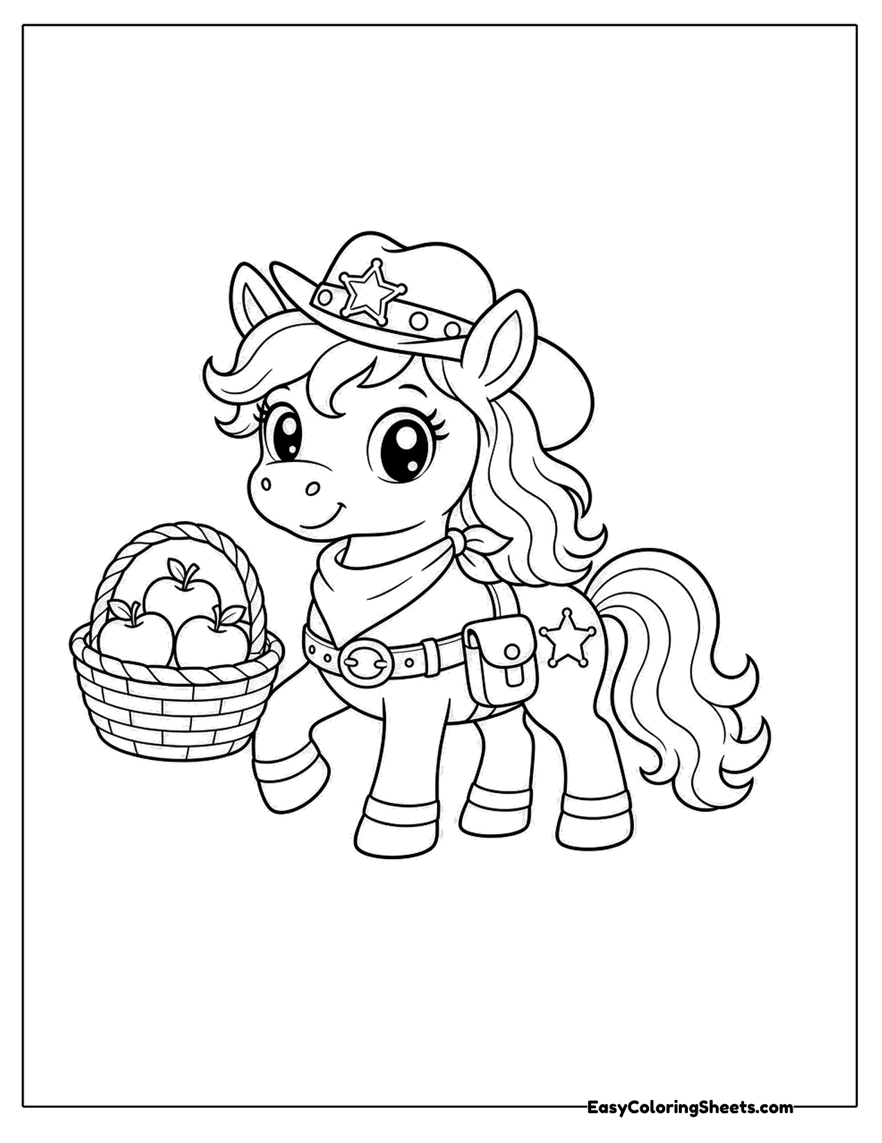 Pony in a cowboy hat with a basket of apples
