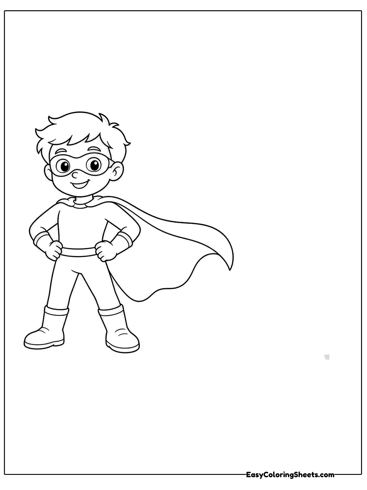 A small boy hero in a mask and cape stands with fists ready.