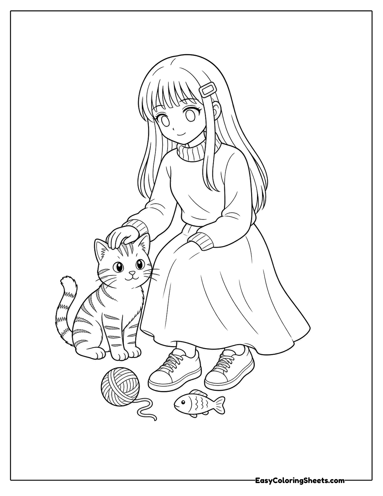 Anime-style girl petting a cat with yarn