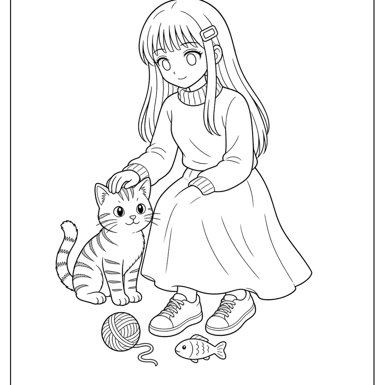 Anime-style girl petting a cat with yarn